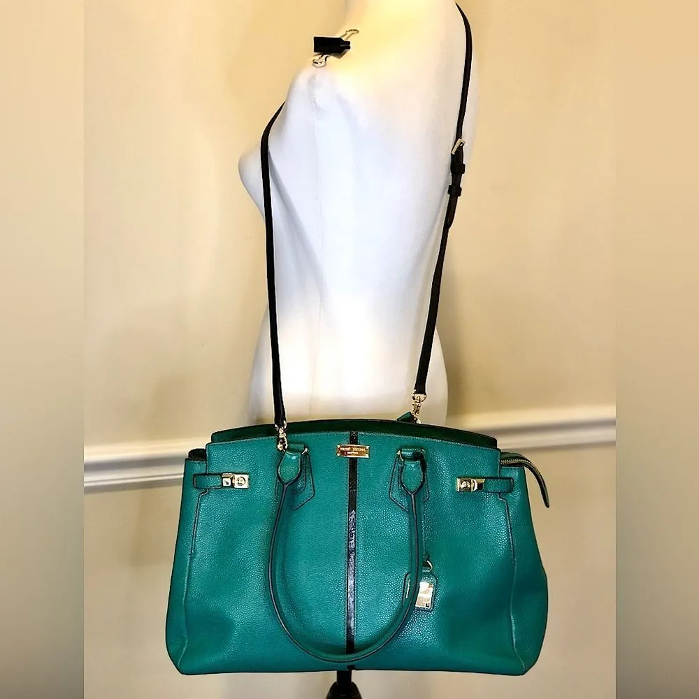 HENRI BENDEL Teal Caviar Carlyle Leather Tote Shoulder Bag Wallet & Strap SET - Image 16