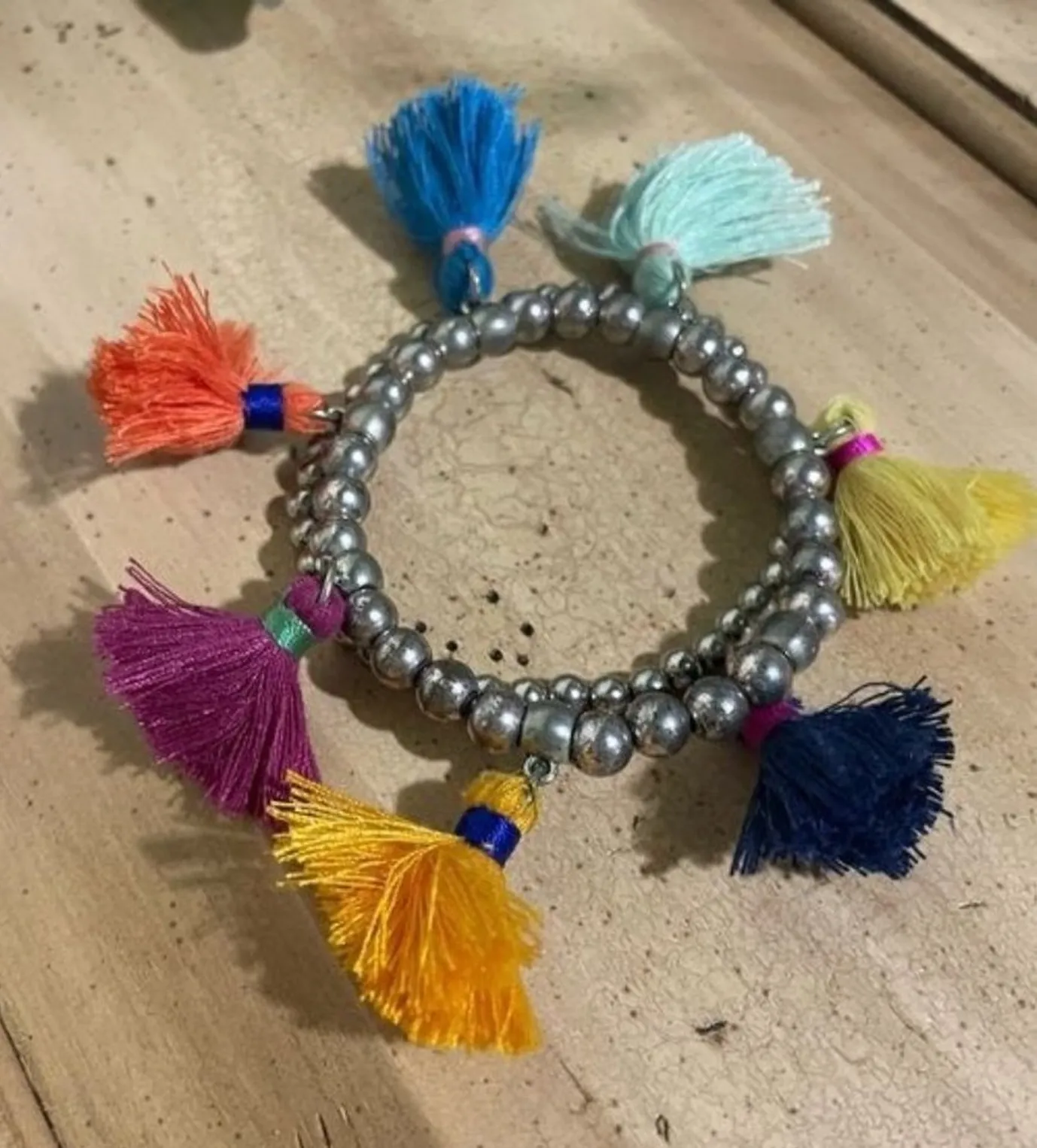 Bohemia Colorful Tassel Charm Stretch Silver-Tone Beaded Bracelet One Size - Image 1