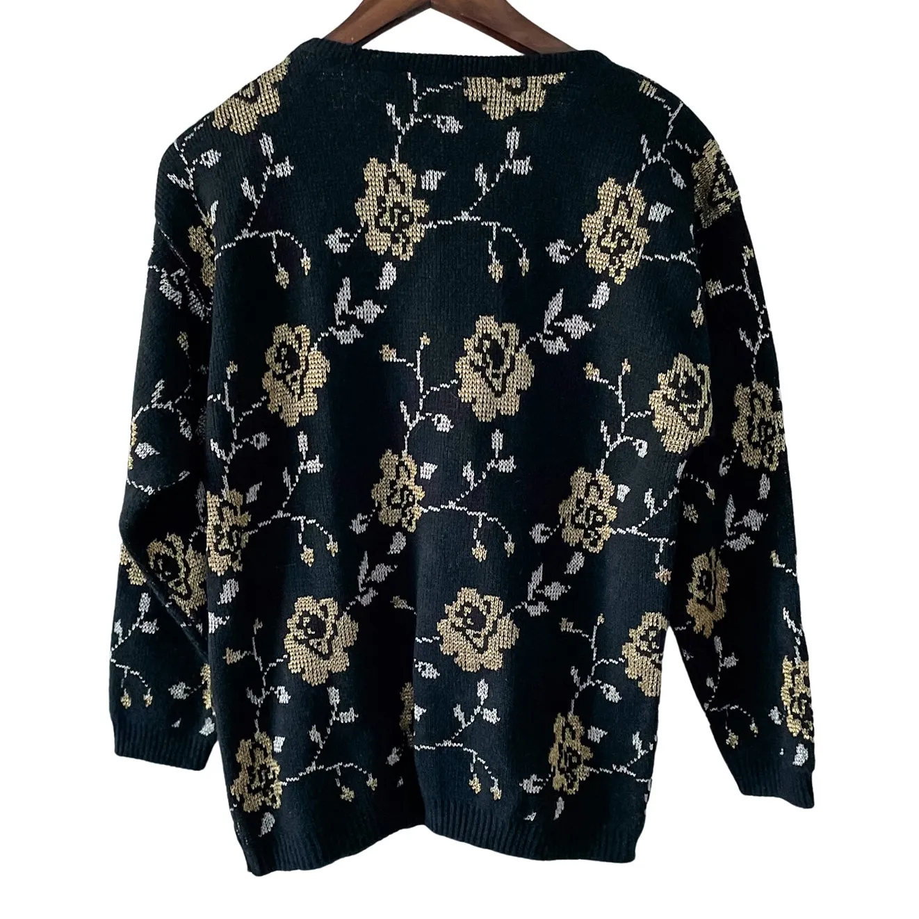 Vintage Metallic Gold Rose Dark Romance Crewneck Sweater size small medium S/M Black - Image 4