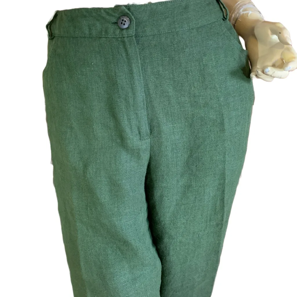 VINTAGE 1990'S HARVE BENARD FOREST GREEN LINEN FRINGE HEM TROUSERS (14) - Image 6