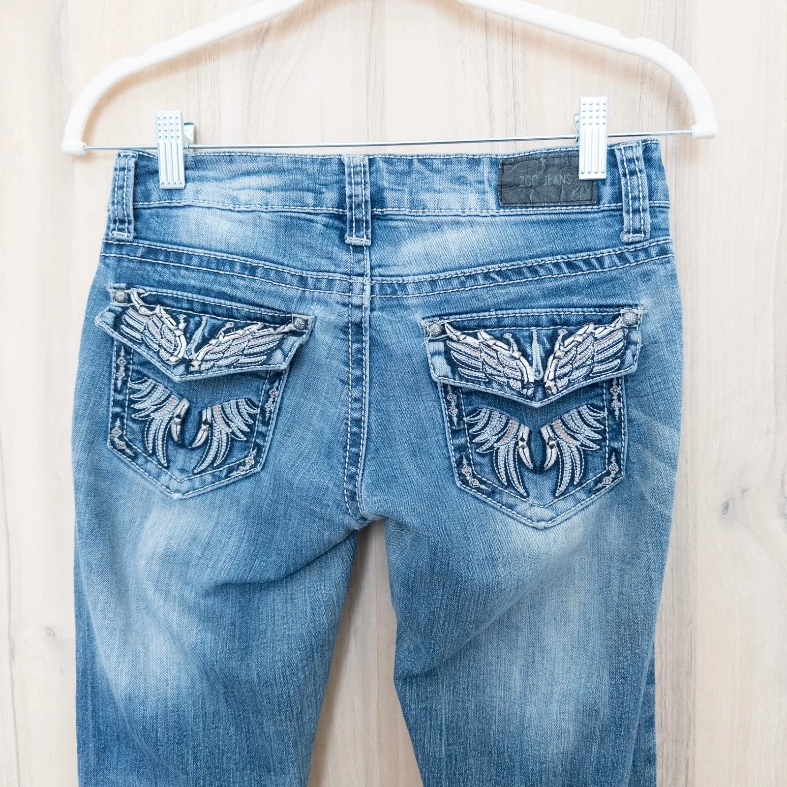 Y2K ZCO Womens Low Rise Jeans Size 0 Blue Distressed Skinny Beaded Pocket 2000s - Image 7