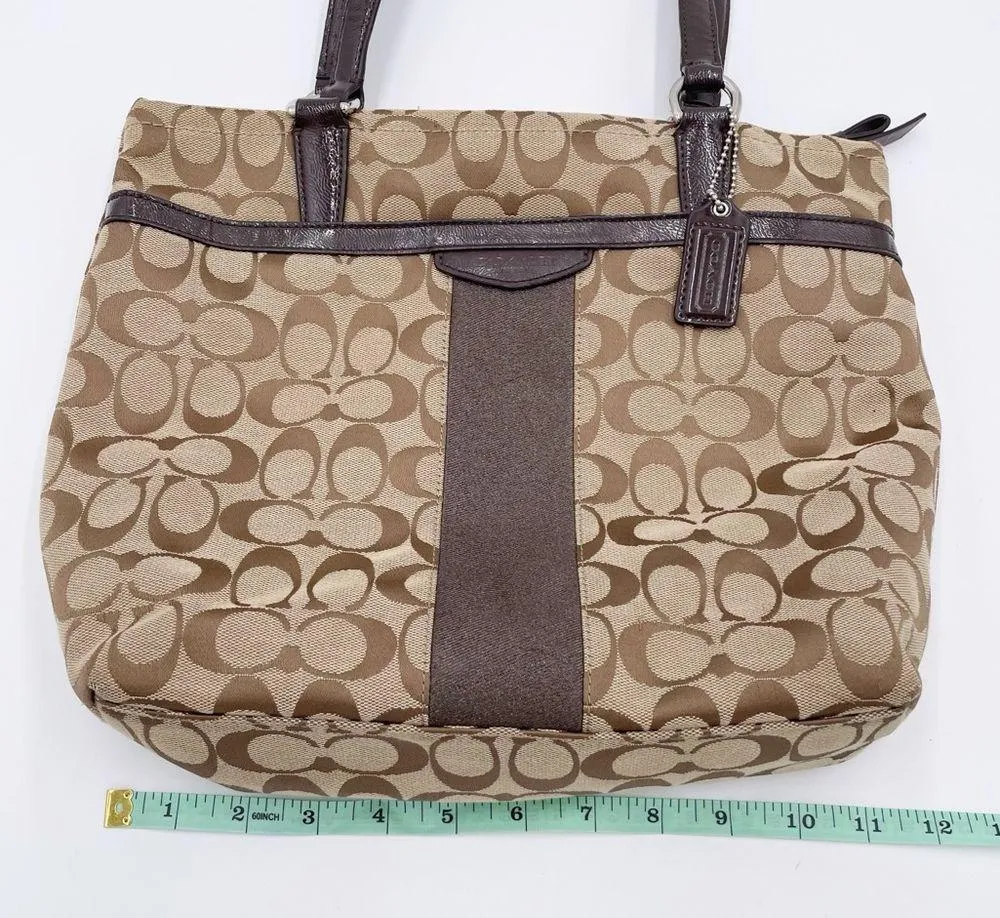 Coach F28504 Brown Tan Signature Stripe Shoulder Tote Bag Purse Classic Logo - Image 8