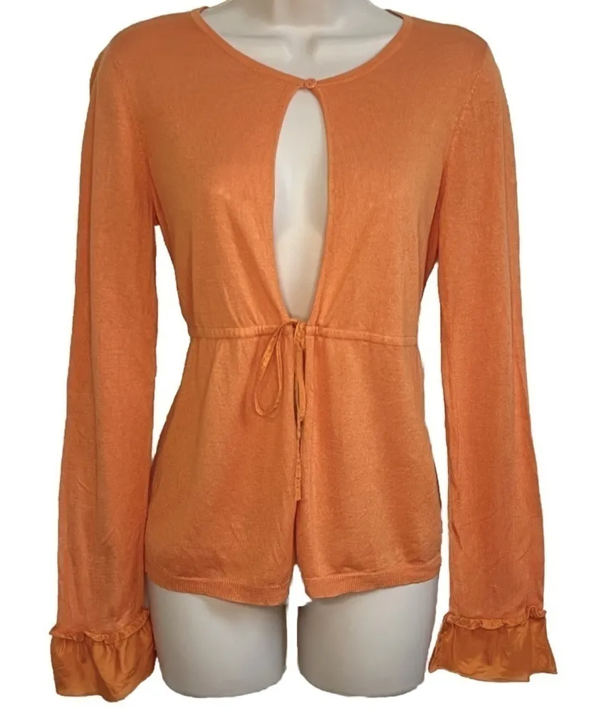 White + Warren Silk Cotton Knit Button Tie Long Sleeve Cardigan Orange Medium - Image 1