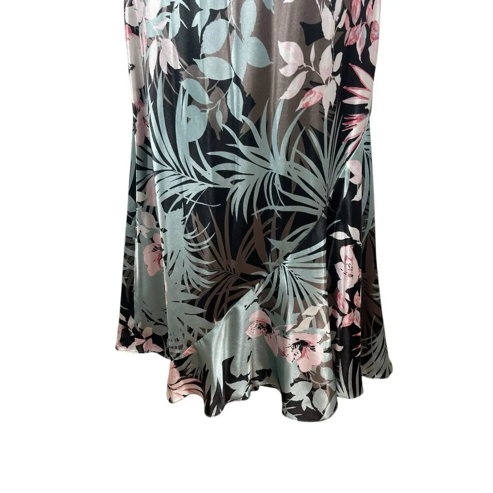 Linea Donnella Tropical Black Floral Satin Feel Mermaid Maxi Slip Dress L Y2K - Image 2