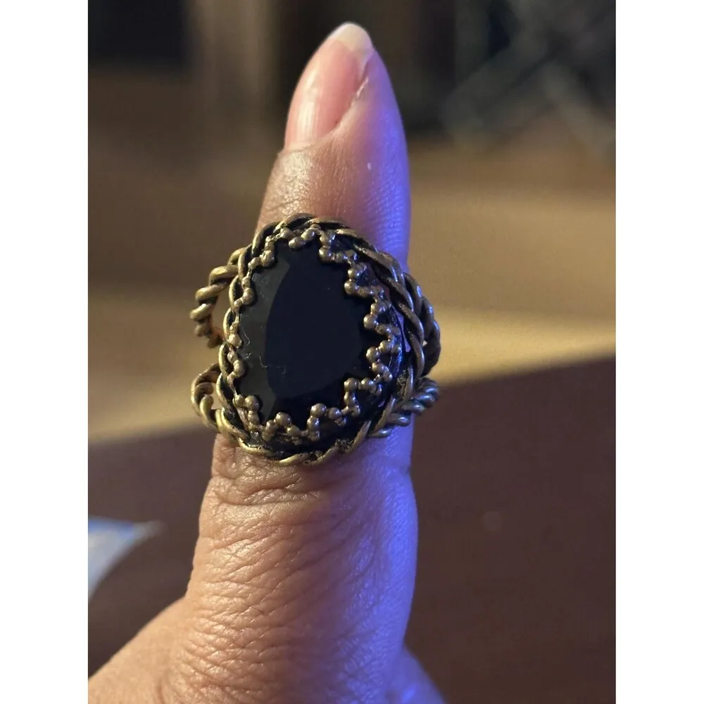 West Germany black onyx cubic zirconia twisted gold tone adjustable band VTG - Image 7