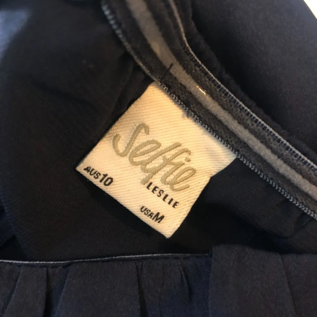 Selfie Leslie Midi Dress Puff Sleeve Tie Waist Off Shoulder Satin Navy Blue M - Image 3