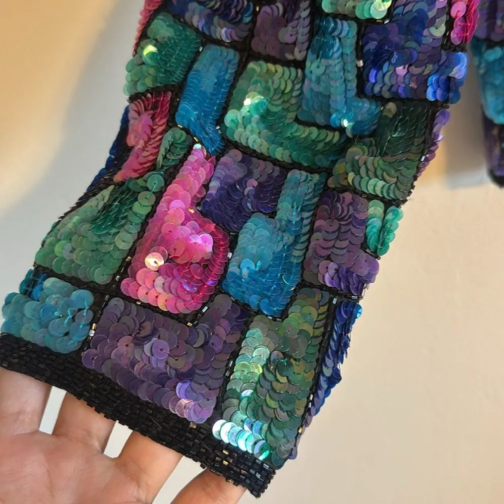 Vtg Laurence Kazar Silk Beaded Sequined Checkered Jacket cute Multicolor Size L - Image 12