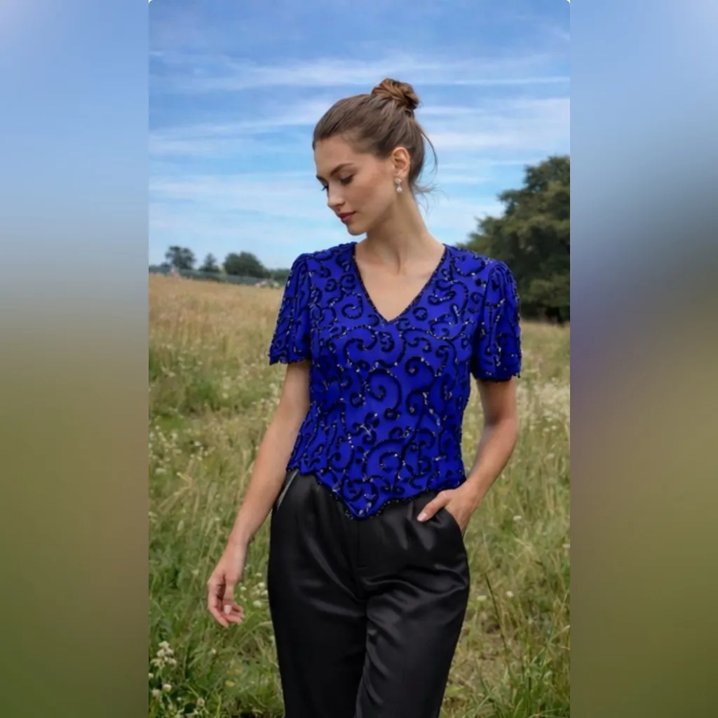 Laurence Kazar Vintage 100% Silk Beaded Top Pointed Hem Blue Black M - Image 4