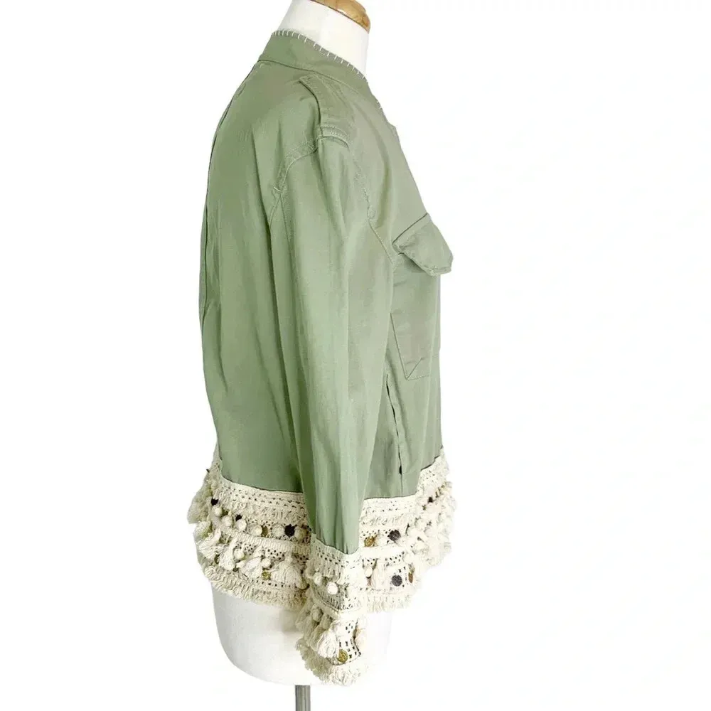 Zara Tassel Pom Crochet Fringe Boho Utility Jacket Green Size XS - Image 7