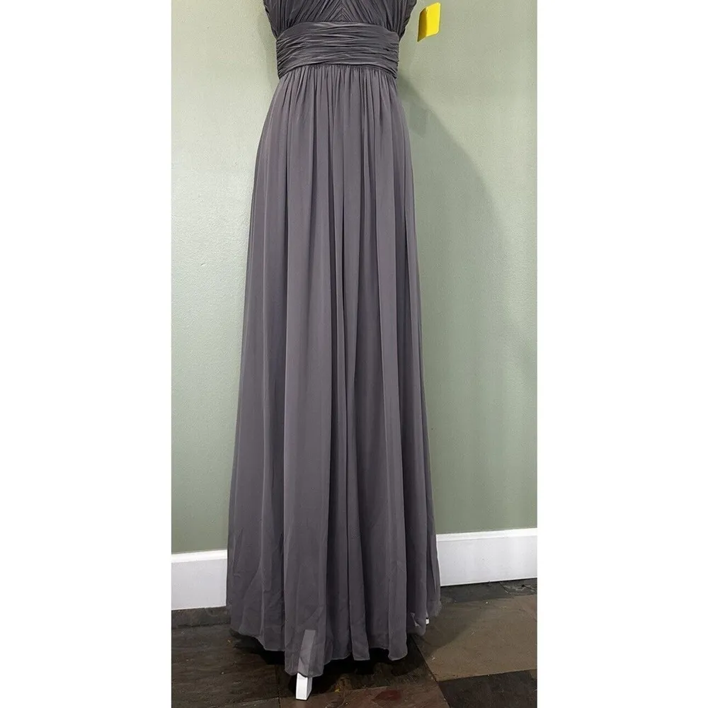 Dessy Collection Dress Sz 4 Halter Maxi Gown Prom Grey Shirred Chiffon Open Back Gray - Image 6