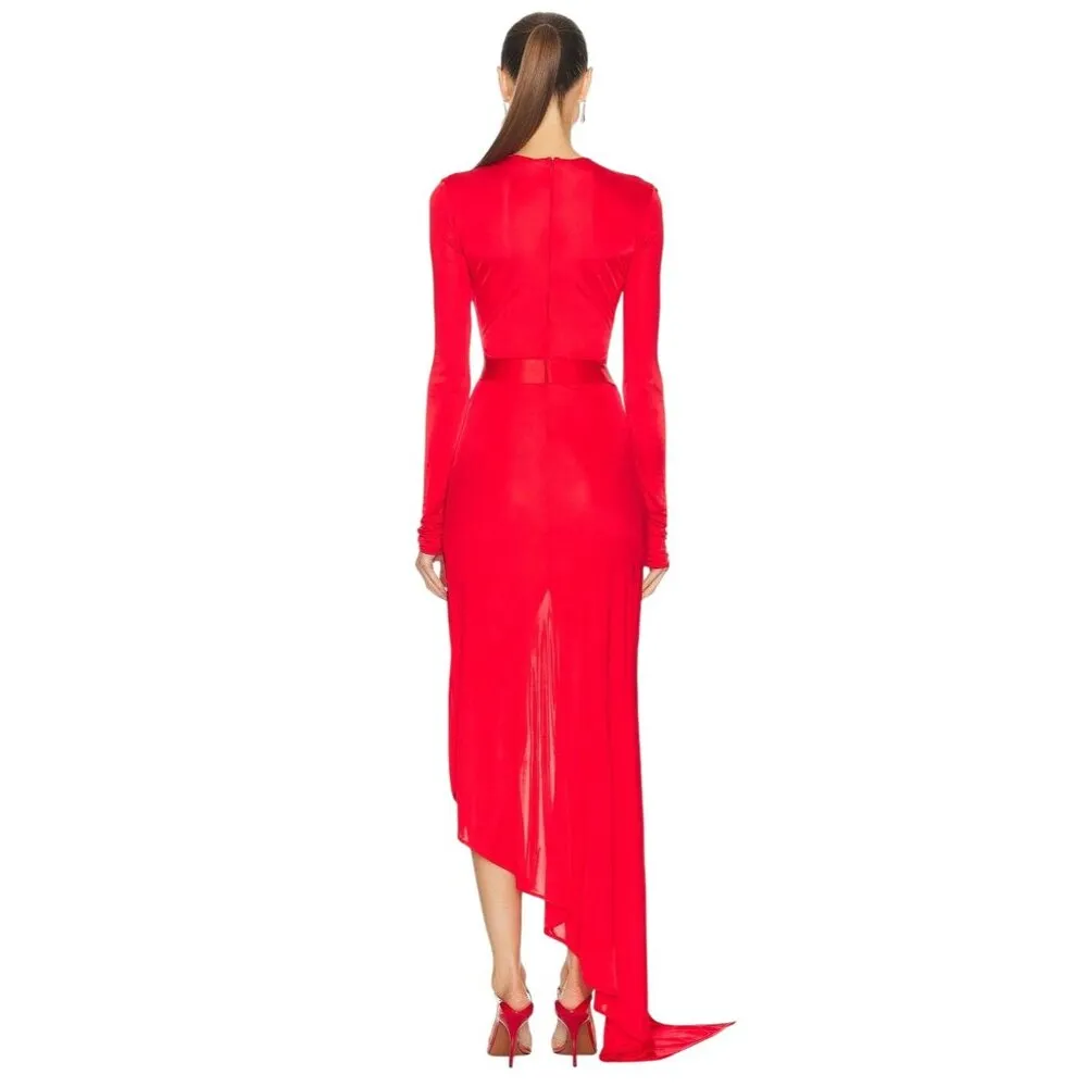 David Koma Satin Bow Detail Asymmetric Long Dress in Red 6 UK 10 New Womens Gown - Image 2