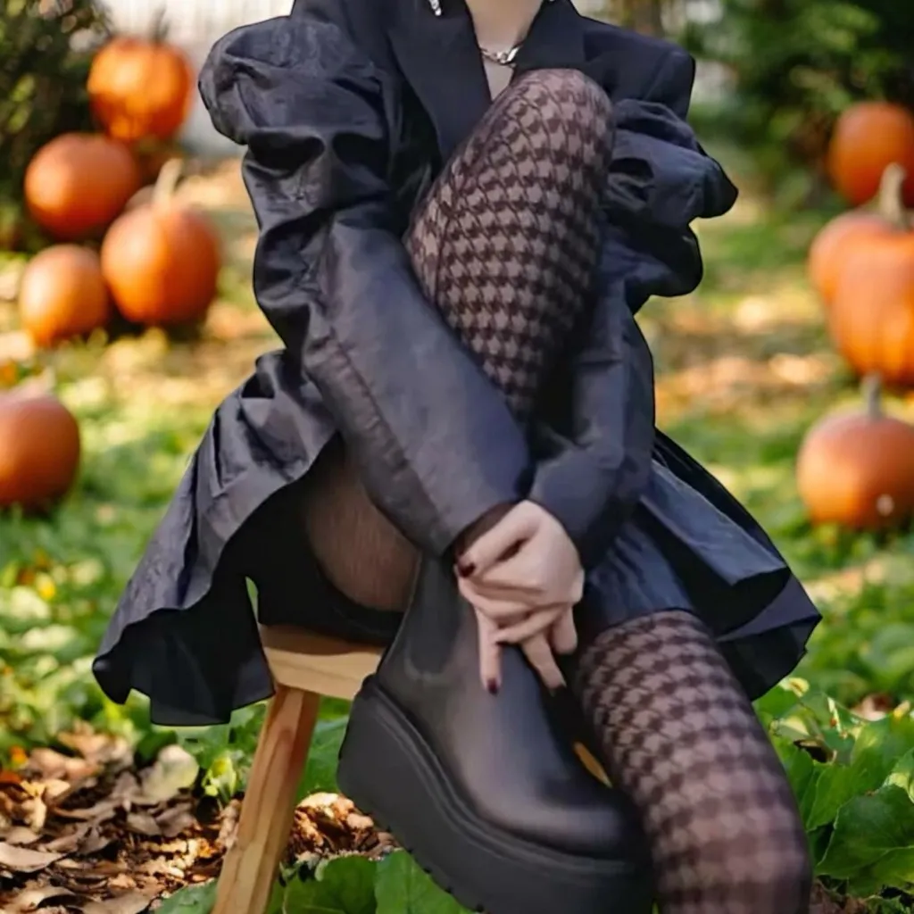 Houndstooth Black‎ Pantyhose, High Waist Elastic Footed Pantyhose One Size Black - Image 6