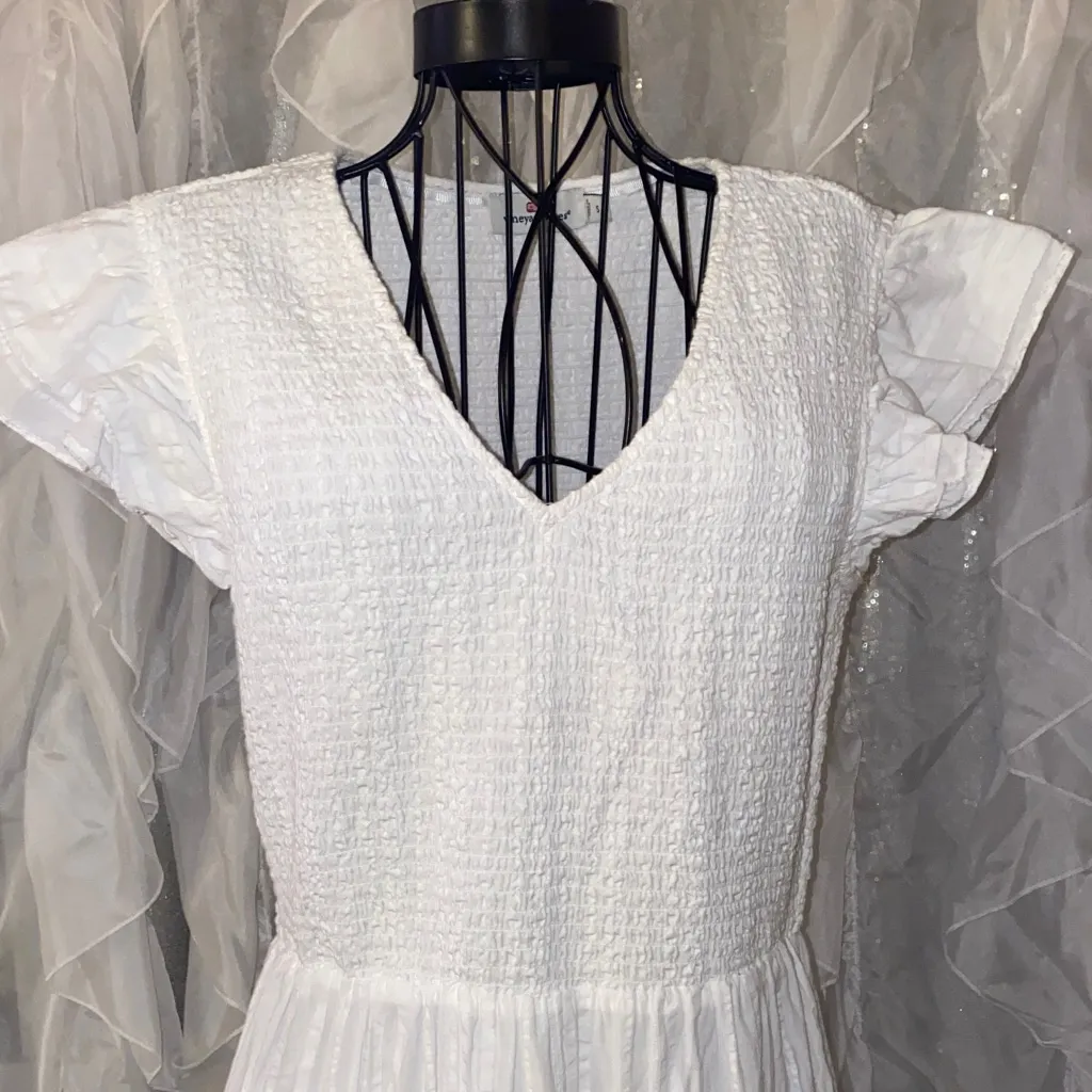 Vineyard Vibes S Elegant Smocked Tiered Midi Dress White with pockets - Image 5