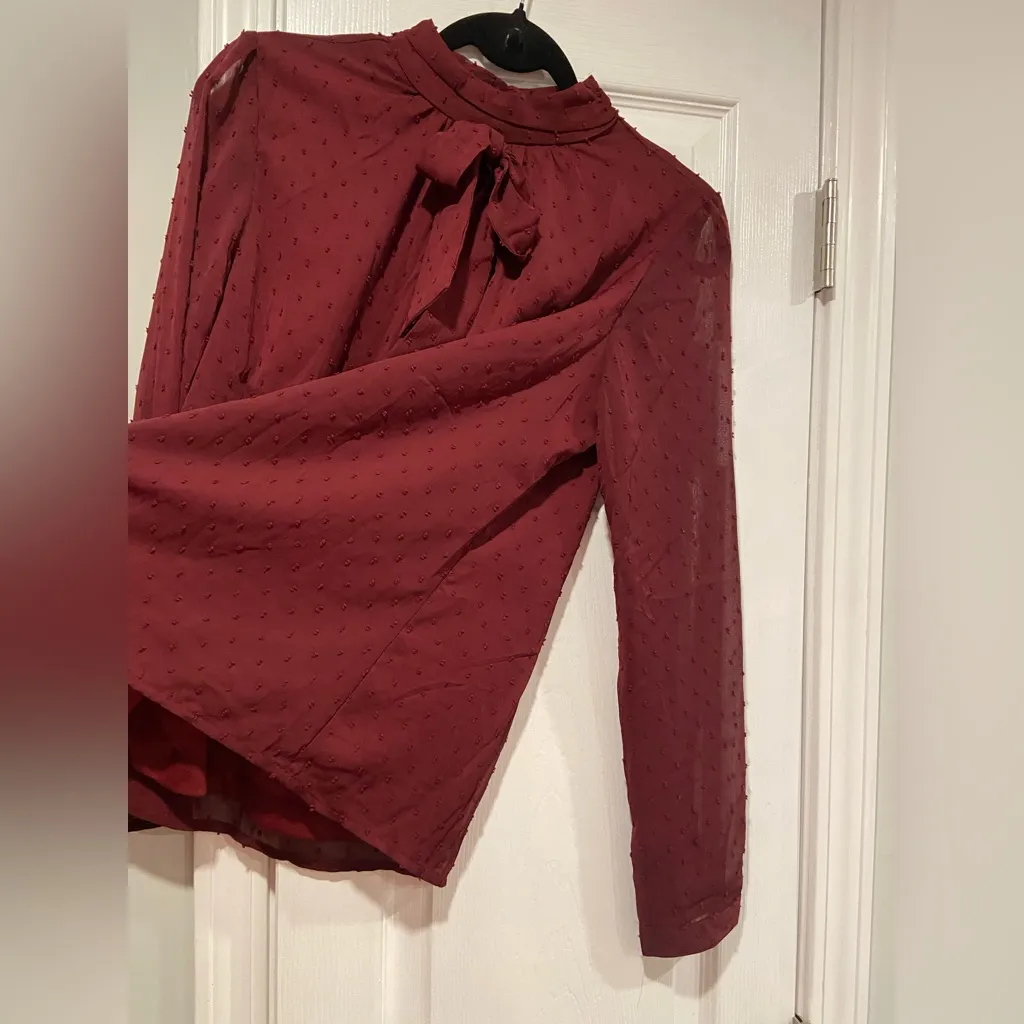 NWT Aconiya Size M Burgundy Swiss Dot Chiffon Lined High Neck Bow Lined Top Red Size M - Image 8