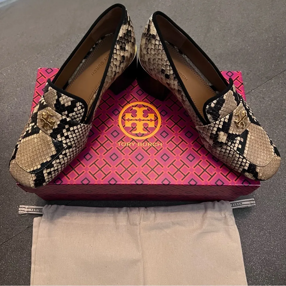 Tory Burch Python Snakeskin Embossed Leather Chunky Heel Pump Loafers, 5.5, NEW - Image 13
