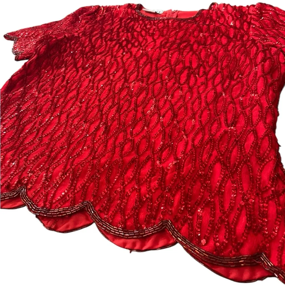 Stenay Vintage 80s Red Silk Glitz Glam Sparkly Sequin Beaded Party Valentine Top Size L - Image 2