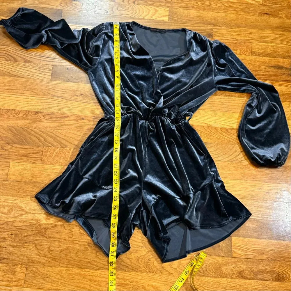 Fraiche by J Womens Small Blue Velvet Long Sleeve Ruffle Shorts Romper Retro - Image 4