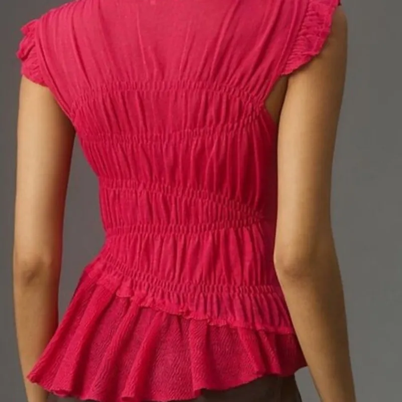 By Anthropologie Sheer Smocked Ruffled Asymmetrical Hot Pink Sweater Tank Small - Image 2