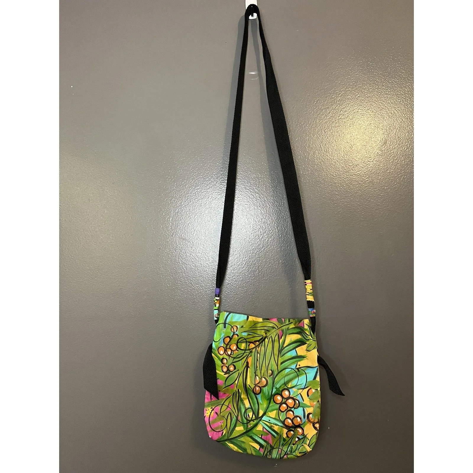 Linda Rovolis Crossbody Bag Womens Small Multicolor Canvas Tropical Hand Painted - Image 4