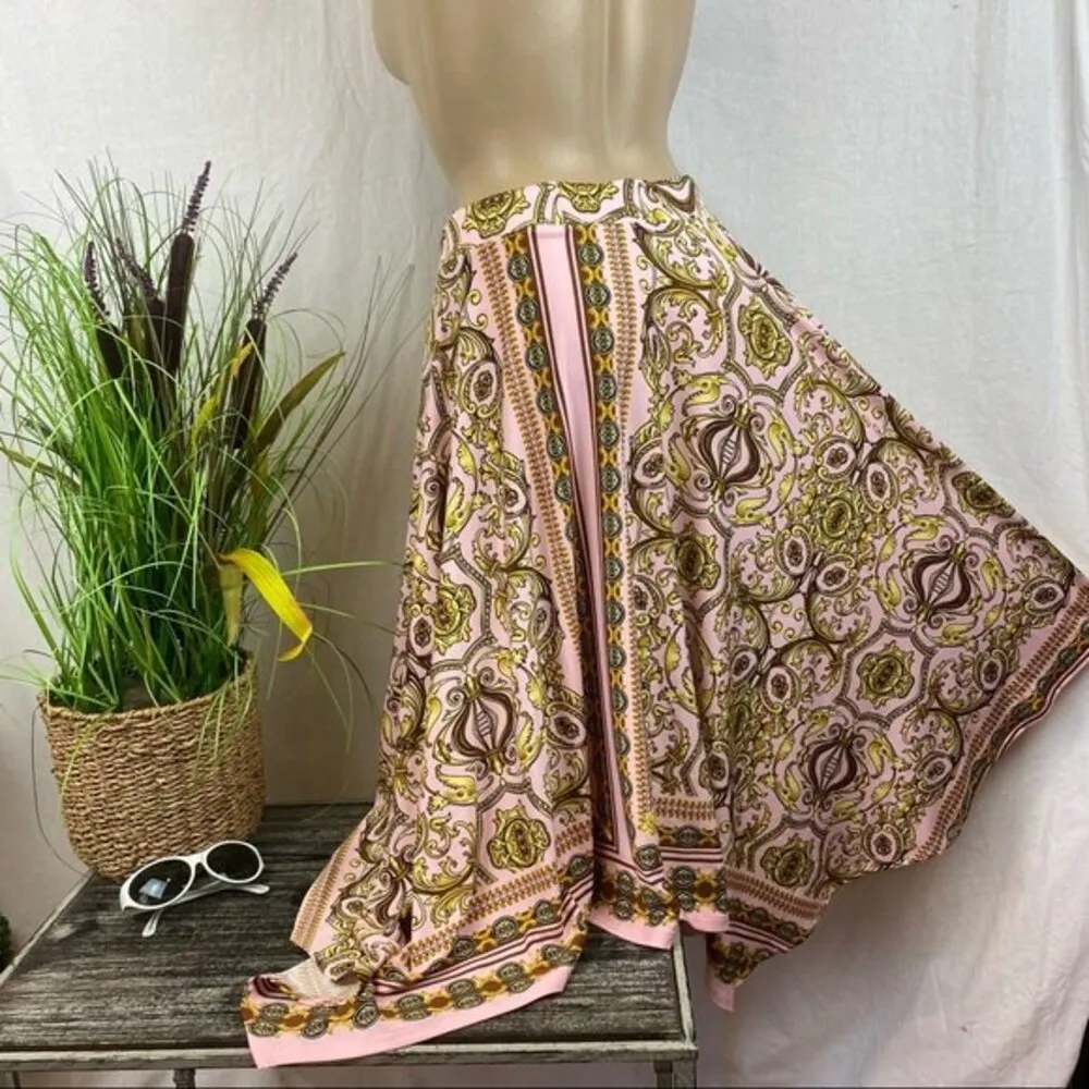 Venus Pink & Gold Print Asymmetric Hem Full A Line Skirt XS - Image 3