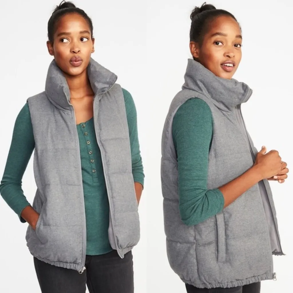Old Navy Gray Heather Textured Frost-Free Zip Up Mock Neck Outdoor Puffer Vest - Image 2