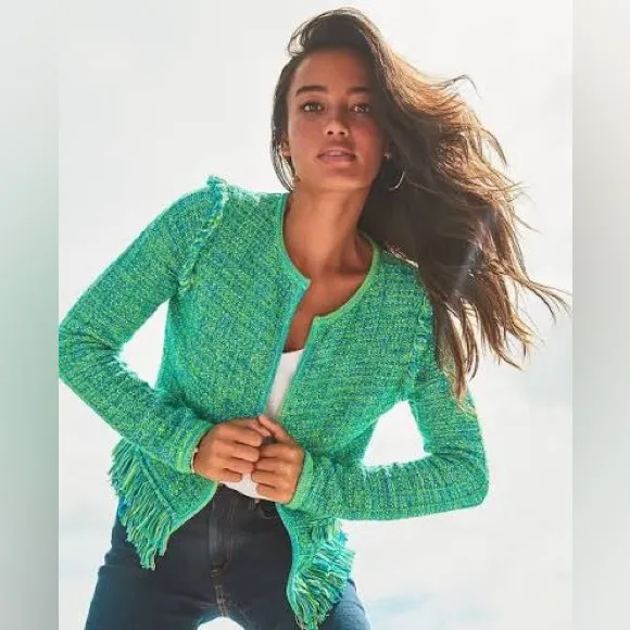 Lilly Pulitzer Simora Blazer Cardigan Green Tweed Jacket Size Large - Image 3