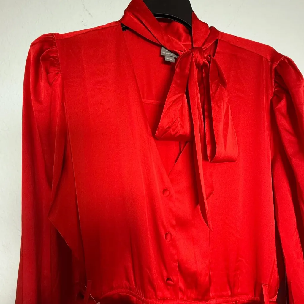 Worthington Red Satin Dress Womens XL Long Sleeve Tie V-Neck Midi Belted Pleats - Image 5
