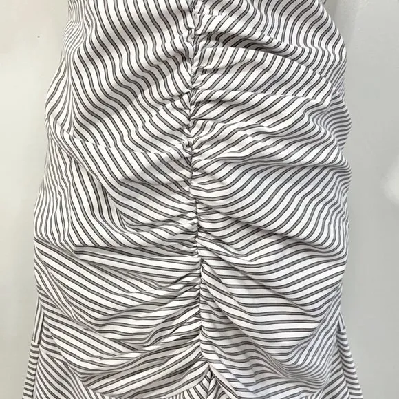 New  Ruched Flared Hem Striped Short Sleeve Shirt Dress White Grey - Image 6