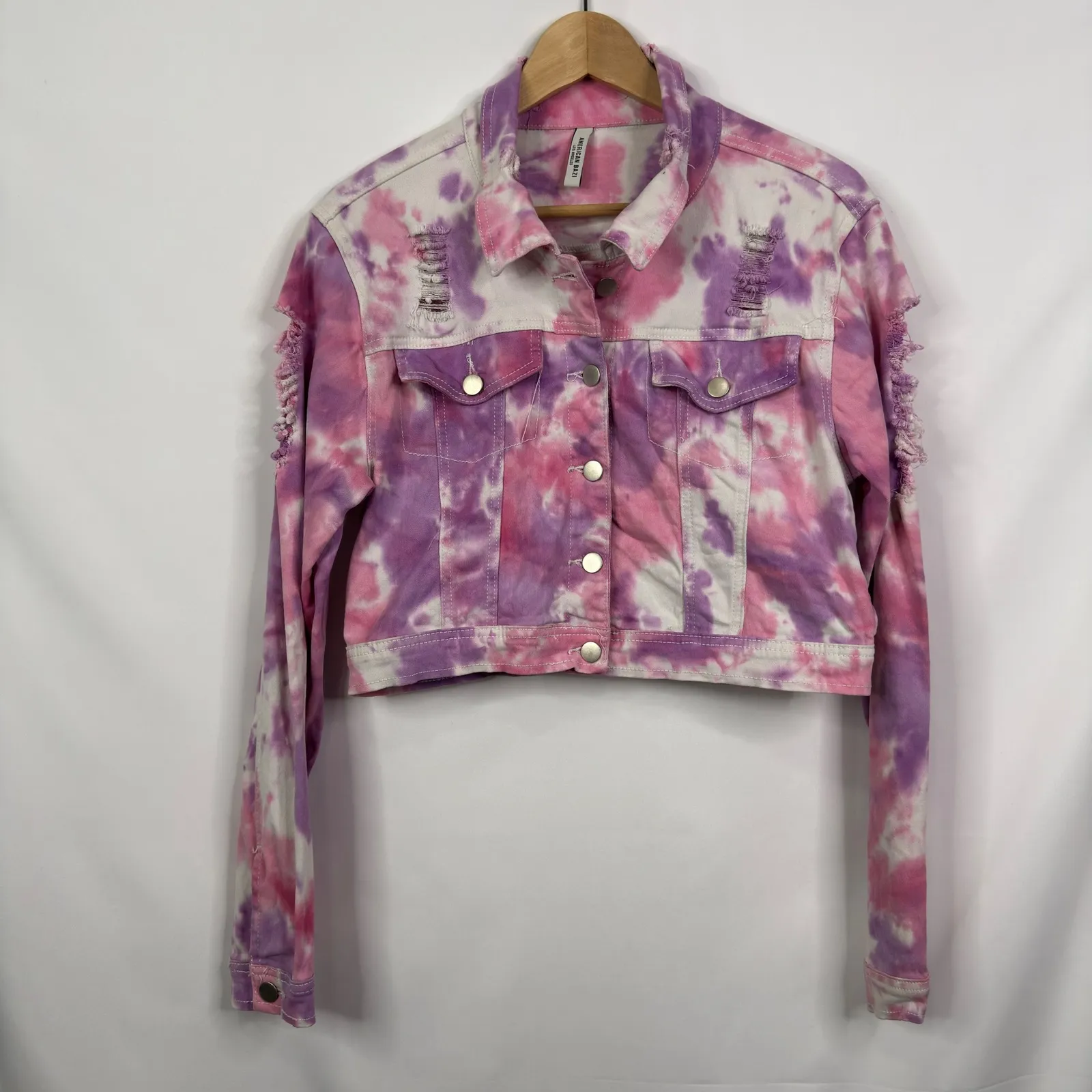 American Bazi Tie Dye Denim Jacket Distressed Cropped Pink Purple Size L - Image 5