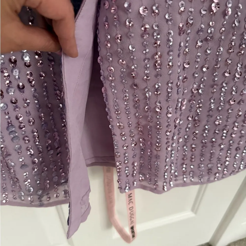 Mac Duggal Purple Sequined Illusion‎ Puff Sleeve V Neck Midi Dress Size 12 NWT - Image 9