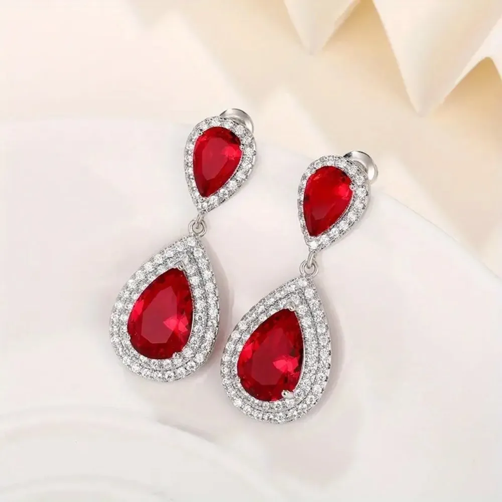 Teardrop Shape Inlaid With Red stone Dangle Earrings - Image 6