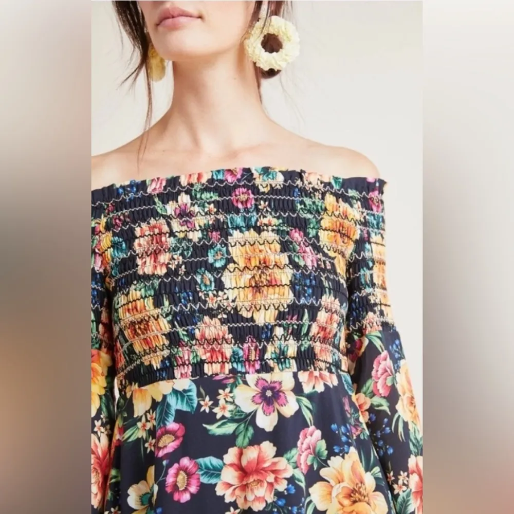 Farm Rio Anthropologie Dress Mini Smocked Dainty Off Shoulder Black Size Small P - Image 3