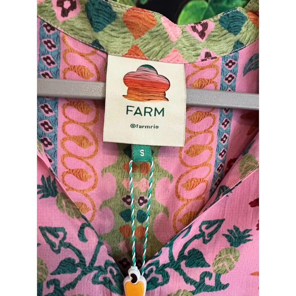Farm Rio Fruits Queen Scarf Pink Short Sleeve Midi Dress Womens Small Boho NWT - Image 5