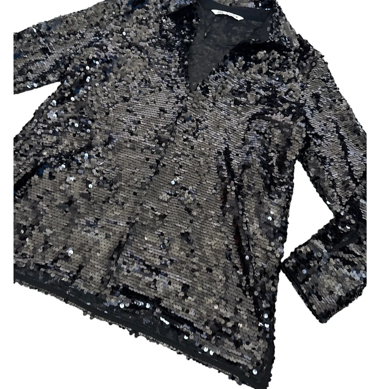 Zara‎ V Neck Collared Flowy Long Sleeve Sequined Top Black Size Medium - Image 7