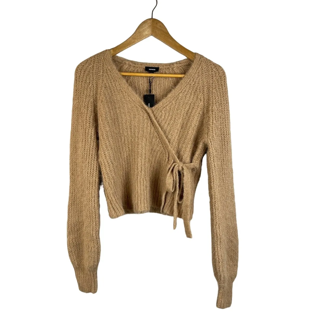 Express Fuzzy Ribbed Surplice Tie Wool Blend Sweater in Pecan‎ Size Small - Image 5