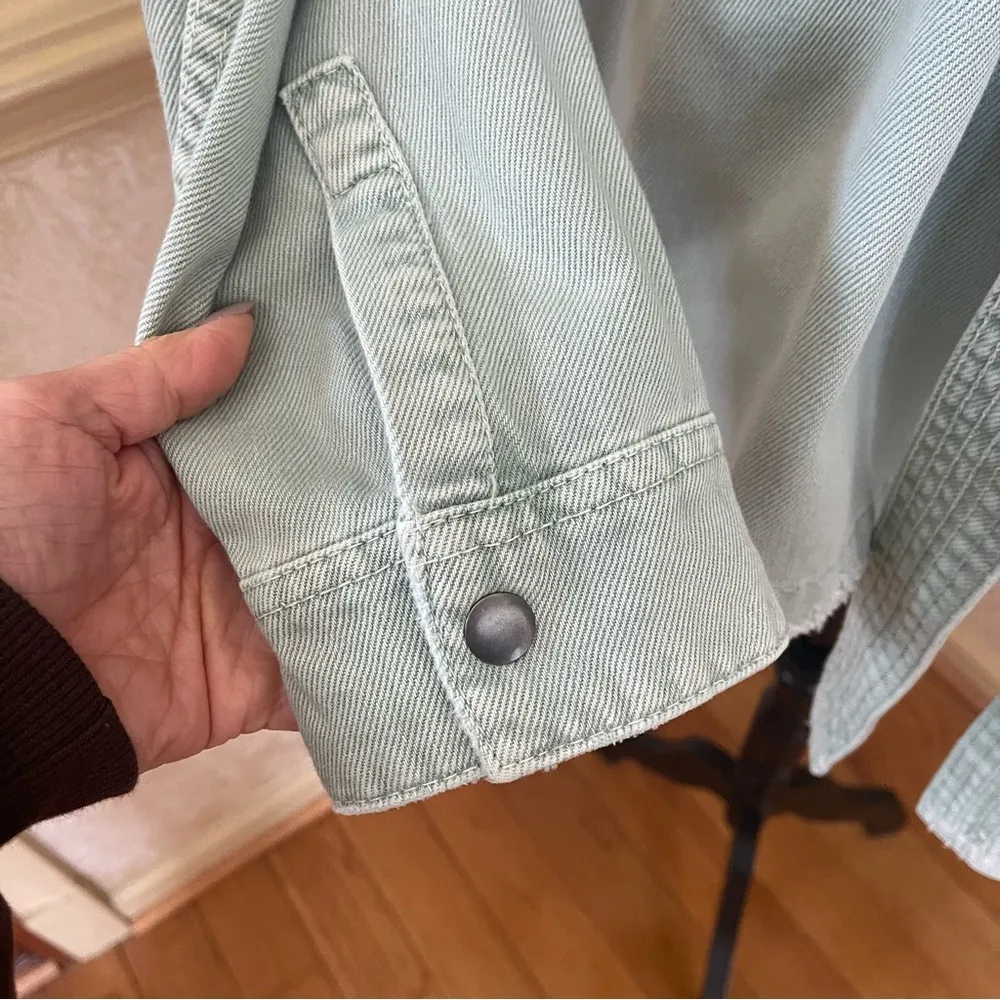 Zara denim belted cotton jean jacket sage green Sz XL - Image 8