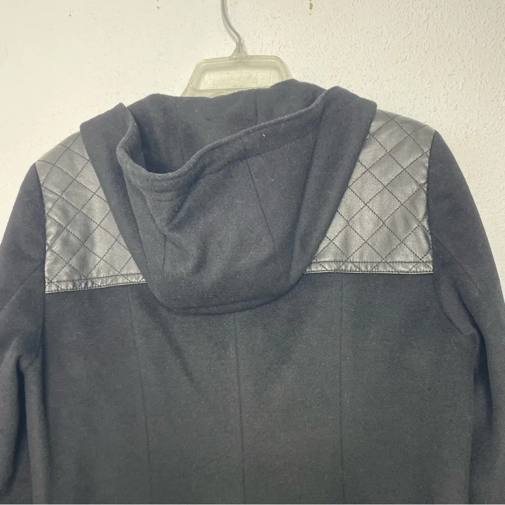 Calvin Klein Black Wool Blend Trench Coat with Leather Trim Accents size L - Image 9