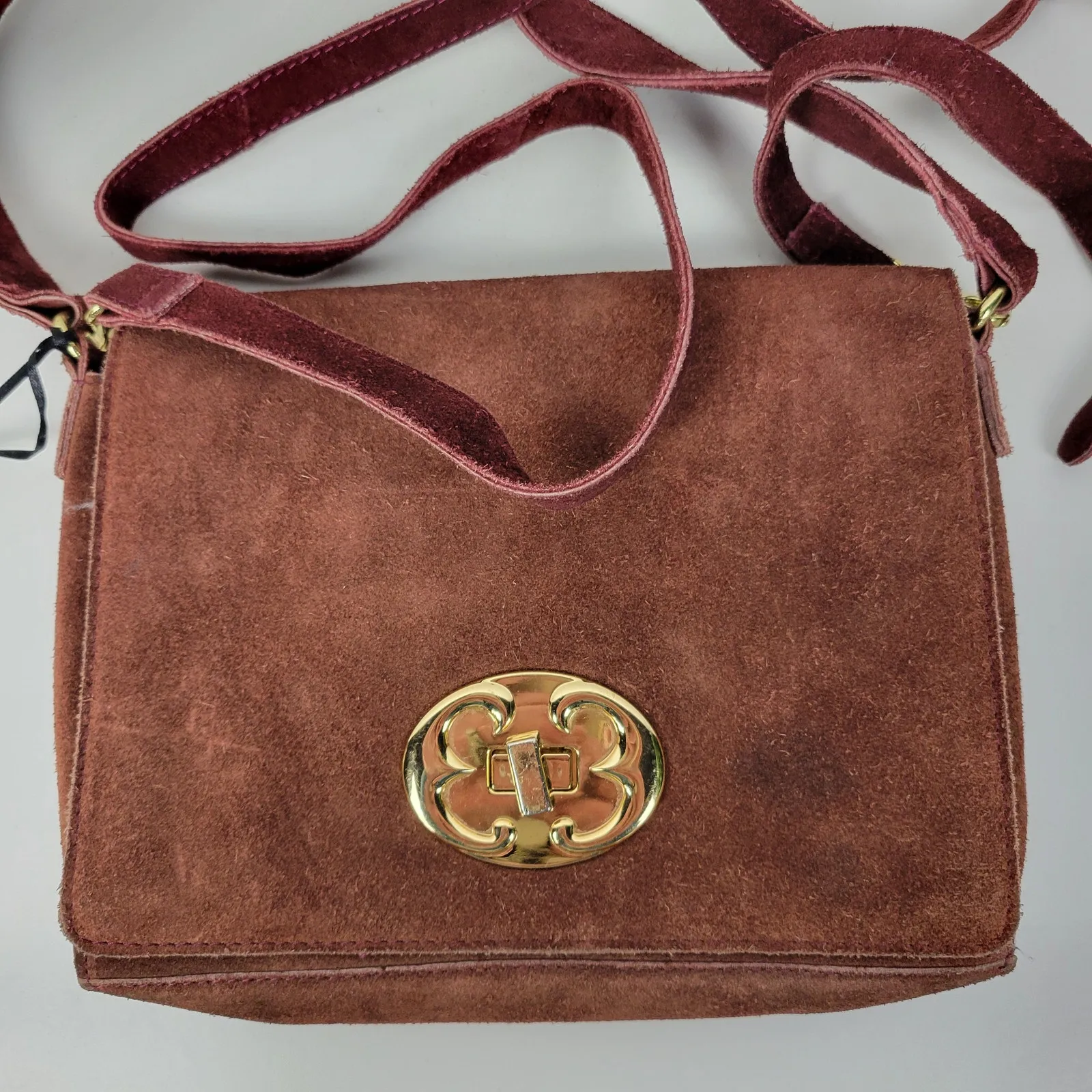 Emma Fox Womens Crossbody Shoulder Bag Burgundy‎ Suede Leather Boxy Flap NEW - Image 6