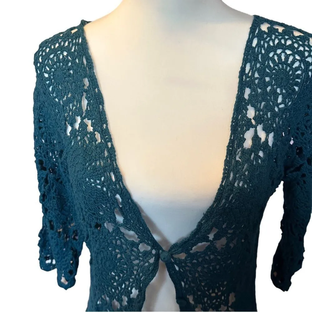 Teal Open Crotchet Sweater Sz M Blue Size M - Image 2