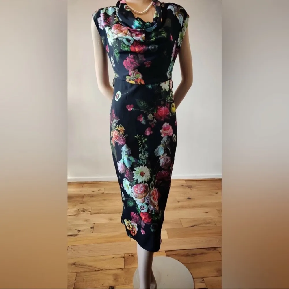 Ted Baker Robyne Oil Painting Floral Cowl Neck Midi Dress Size 1 / US 4 - Image 7
