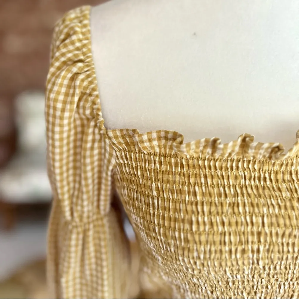 Urban Outfitters Gingham Blouse Cinched Sleeve Mustard Yellow Smocked Top S - Image 3