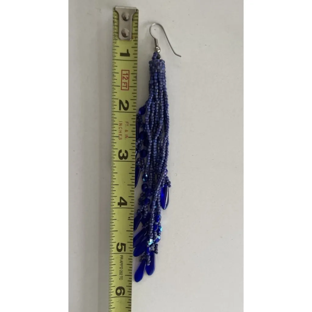 Vintage Boho Native Dark Blue Seed Glass Beaded Earrings Fringe Tassel Long 5.5” - Image 4