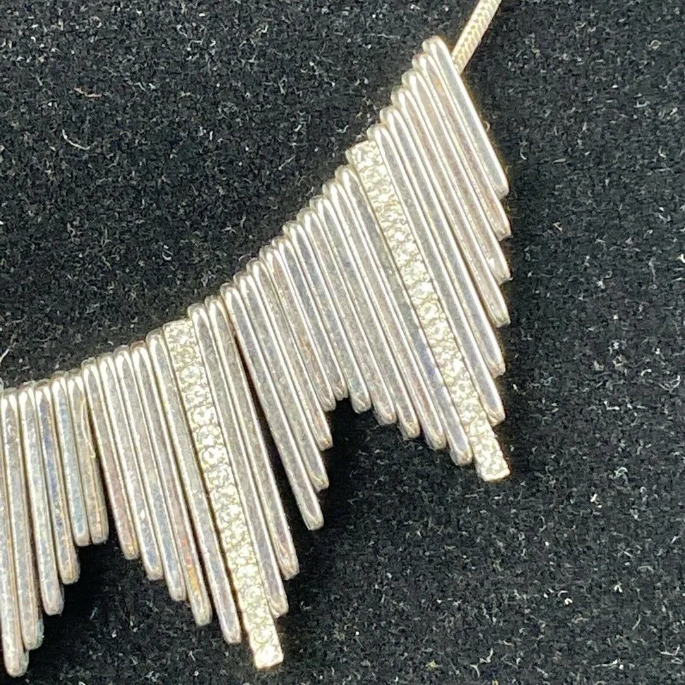 Vintage Silver Tone Rhinestone Brutalist Art Deco Bib Necklace Metal Fringe - Image 3