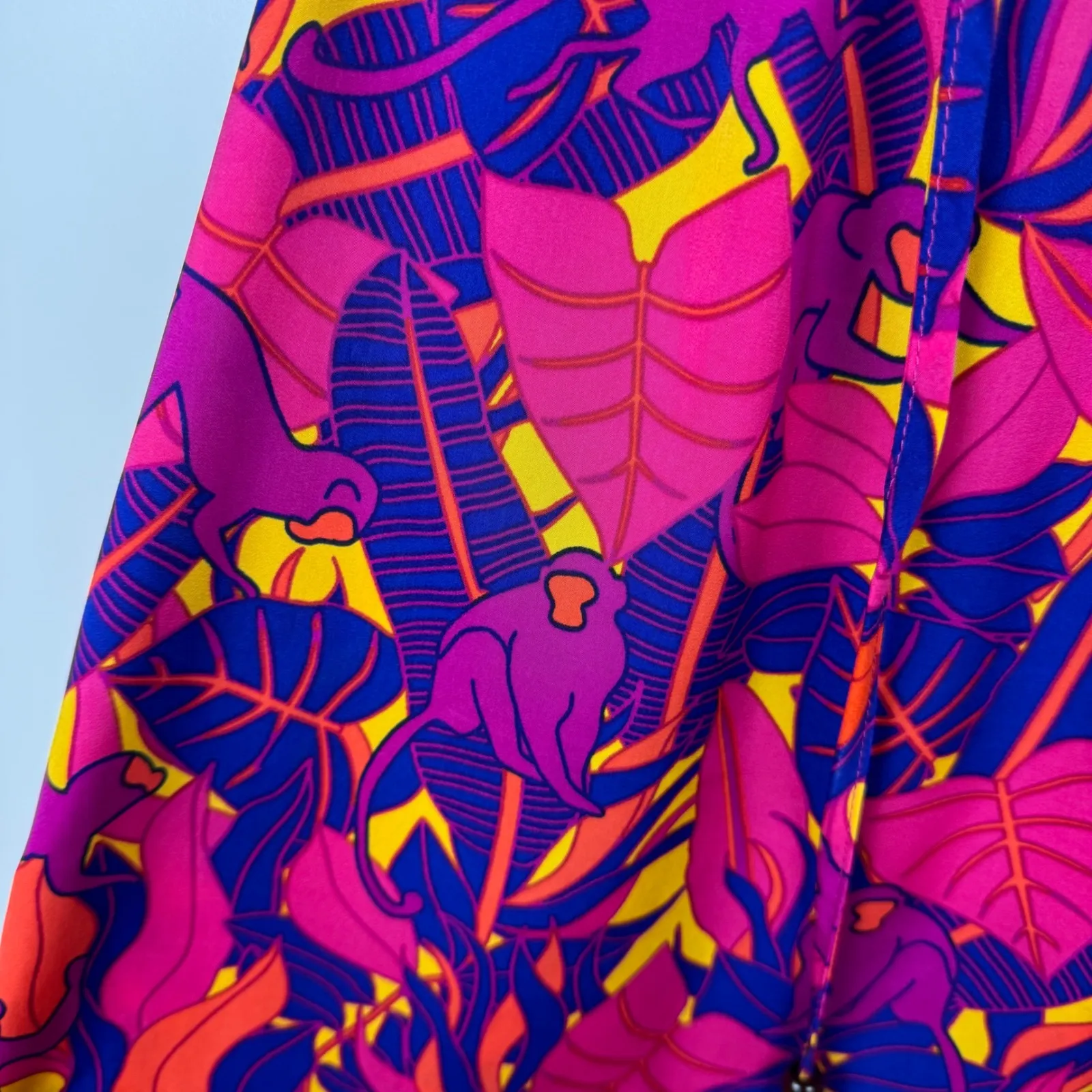 Rose+Olive Monkey Tropical Print Blouse Sz M Colorful Ruffle Beaded Tassel Boho - Image 3