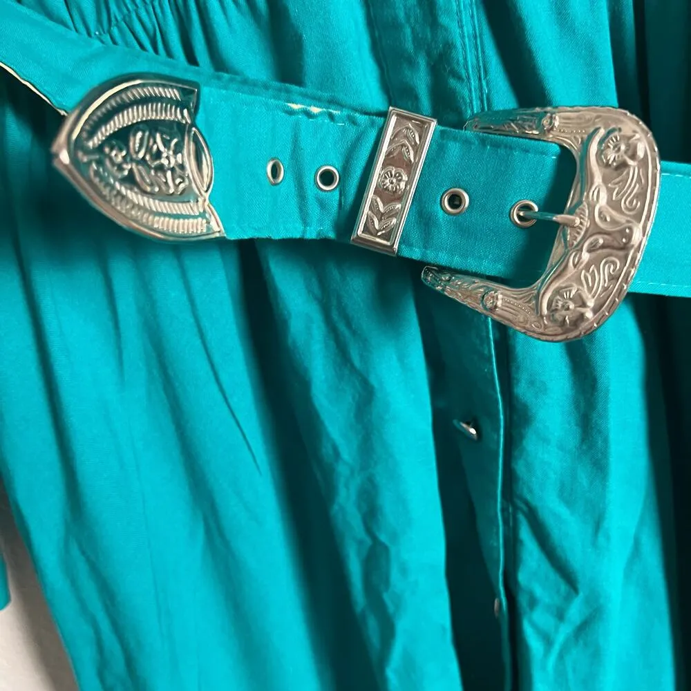 Vintage Teal Blue Western Boho Fringed Studded Long Sleeve Maxi Shirt Dress M Size M - Image 14