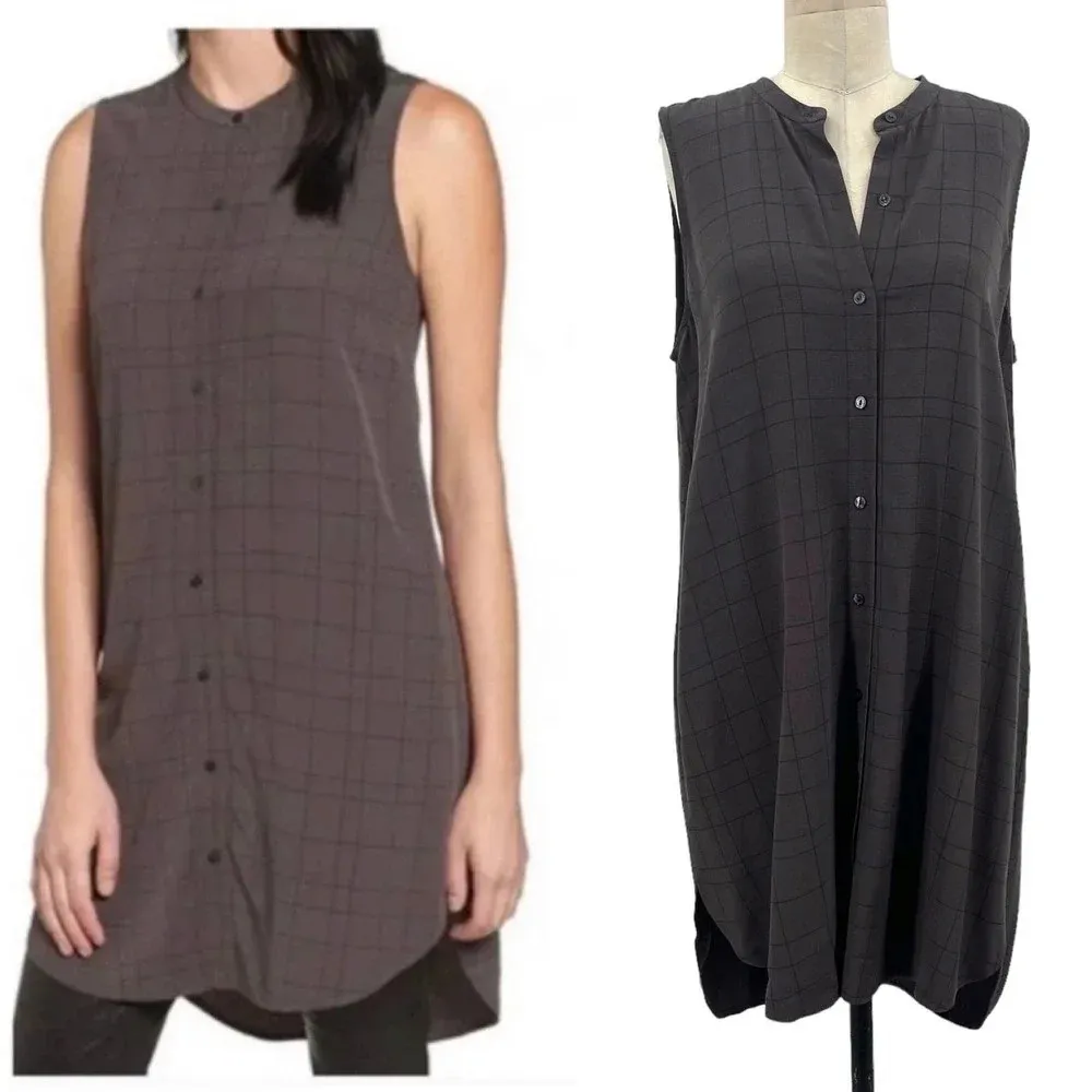 Eileen Fisher Twill Plaid Mandarin Collared‎ Shirt Dress Tunic Gray Size Medium - Image 2