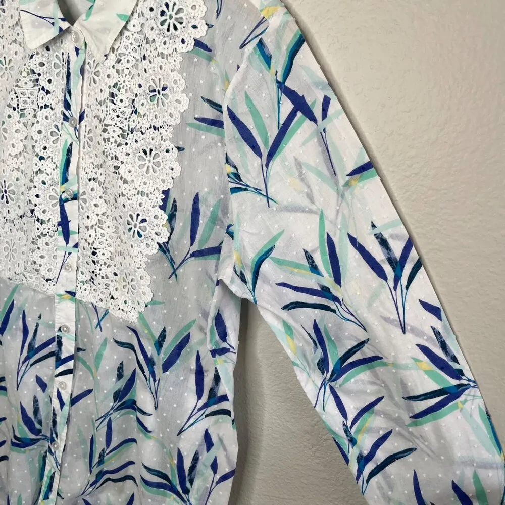 Isaac Mizrahi IMNYC Womens White Blue Floral Embroidered Sheer Button - Image 5