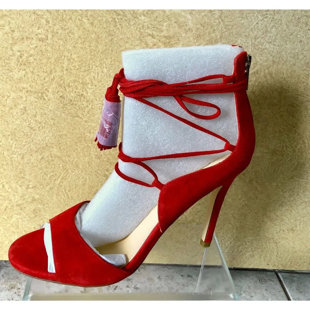 Ivanka Trump Red Suede Leather Strappy Lace Up Sandal Shoe $175 New NIB Fringe - Image 5