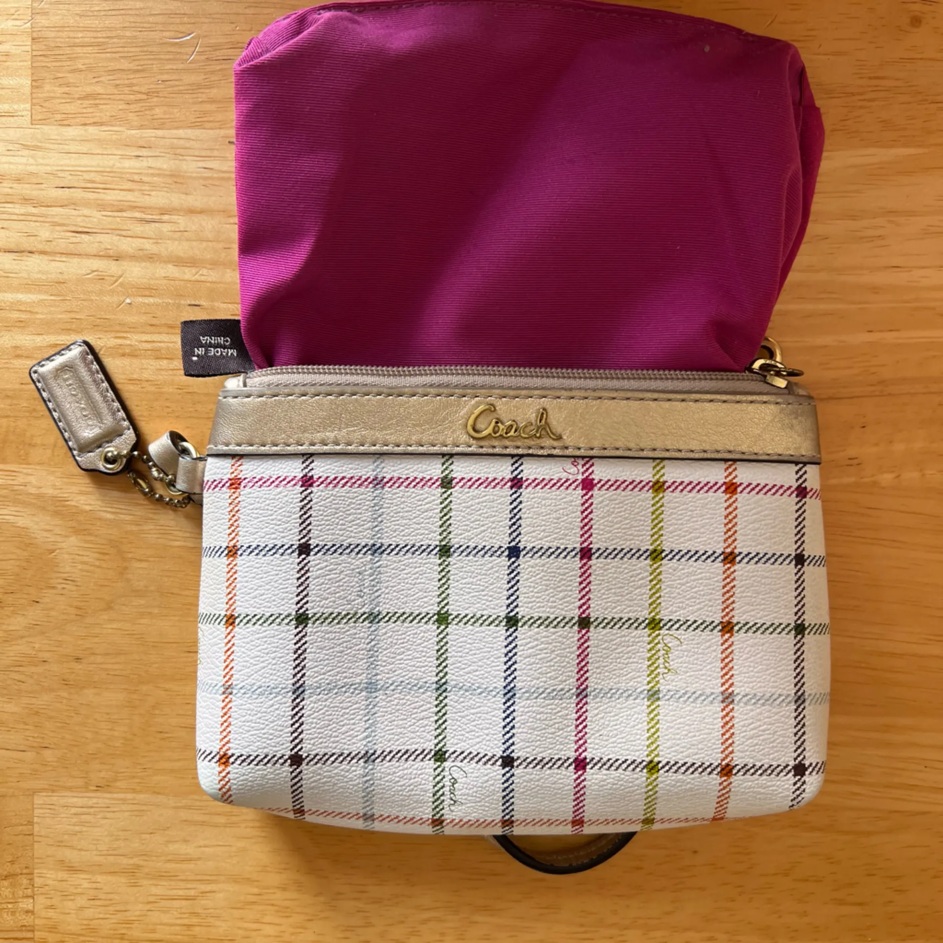 Coach White and Gold Plaid Wristlet - Image 13