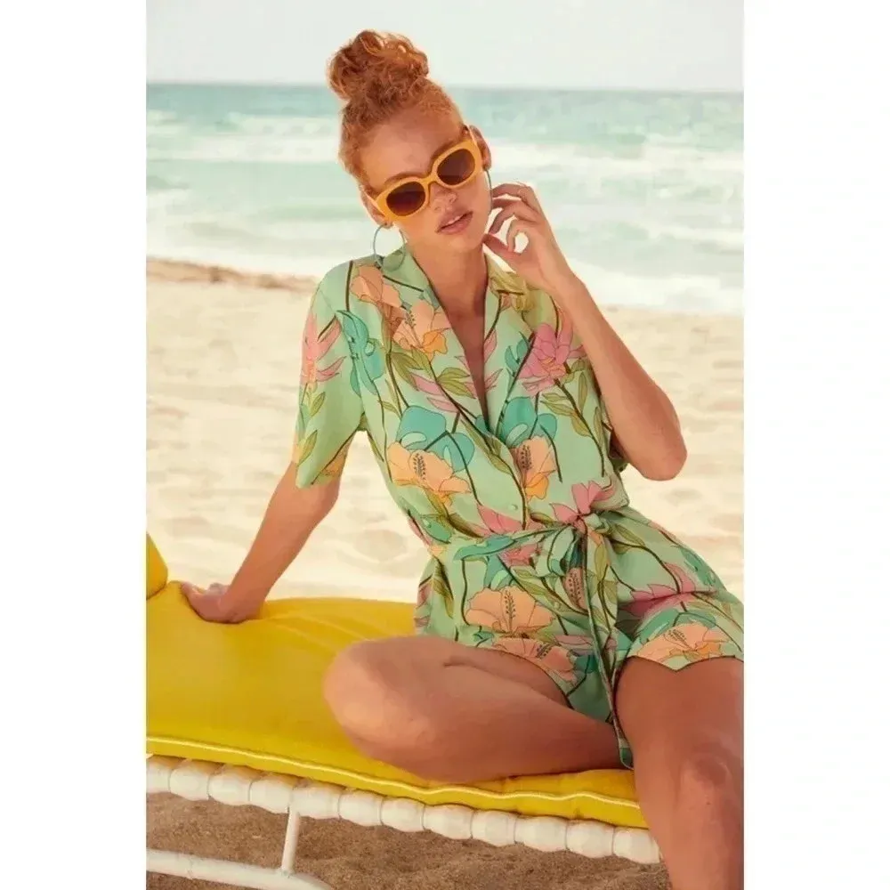 Lulus Totally Tropical Light Green Floral Print Button-Up Shirt Dress Small - Image 12